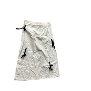 Cotton & Linen Midi Skirt‎ Velvet Bow Tie Detail Cream Color XL